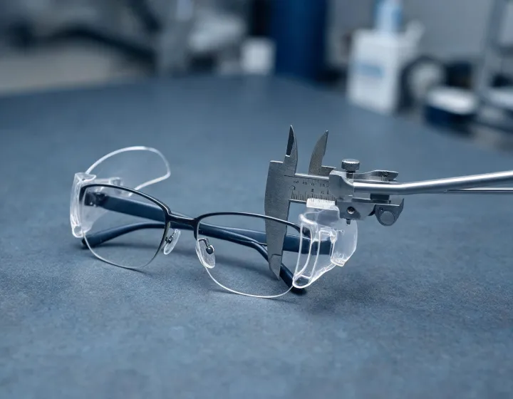 Side shields for glasses layout on an optical workbench, illustration only